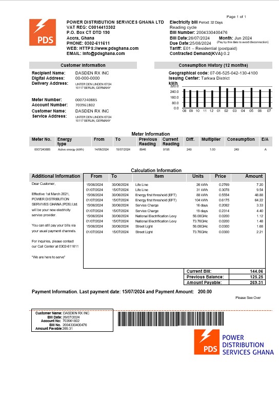 Ghana PDS electricity business utility bill template in Word and PDF formats